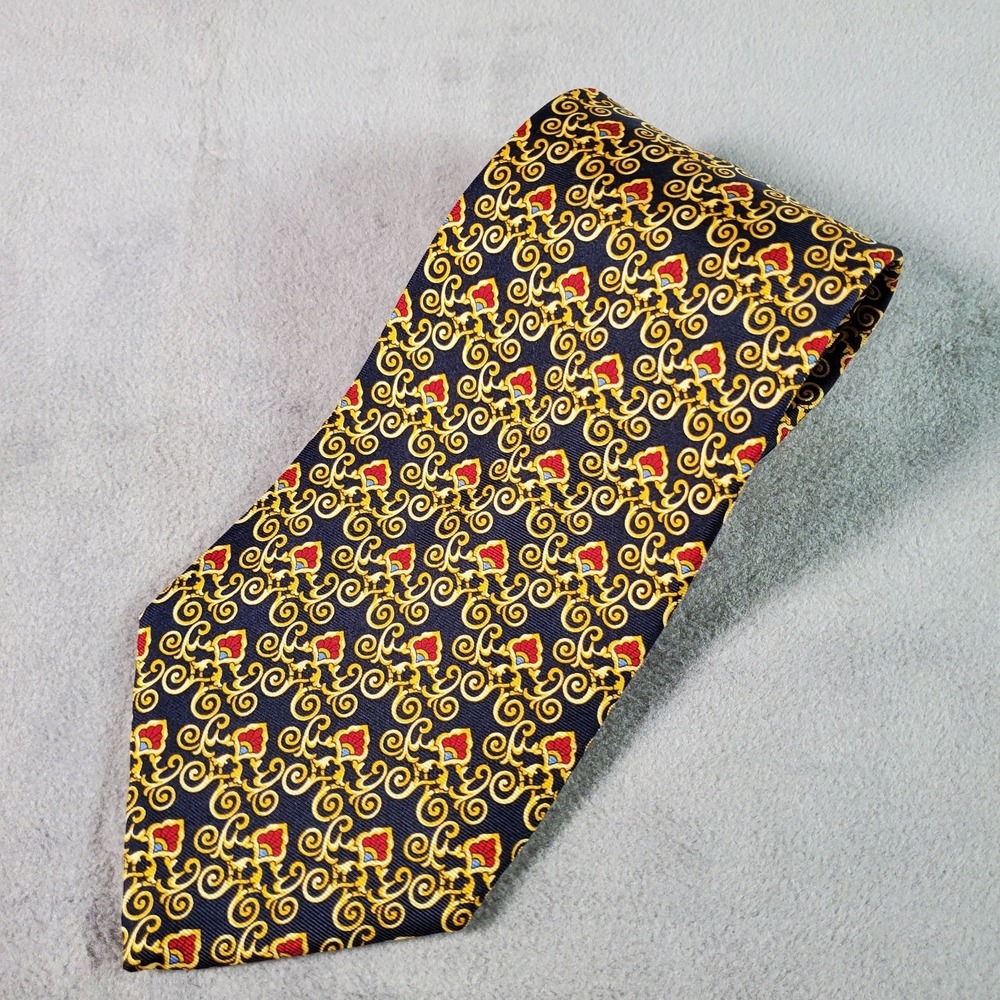 VTG Paolo Gucci Tie Mens Navy Gold Silk Made Italy Baroque Medallion Luxury 80s - Picture 1 of 7